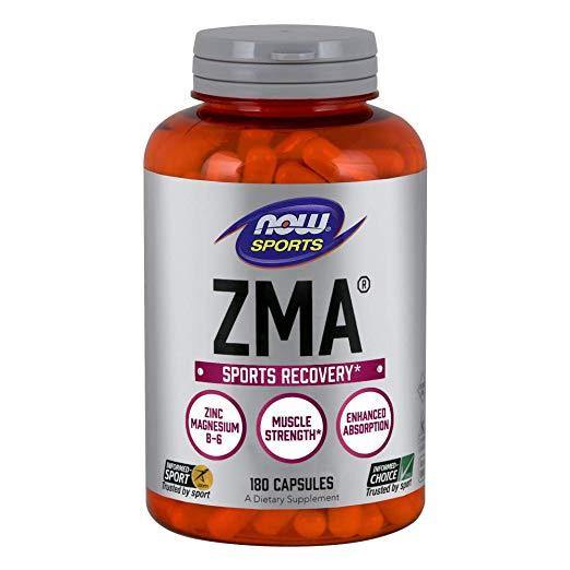 Frasco do suplemento NOW Sports ZMA com 180 cápsulas, para recuperação muscular e sono, vendido pela Nutrivita.