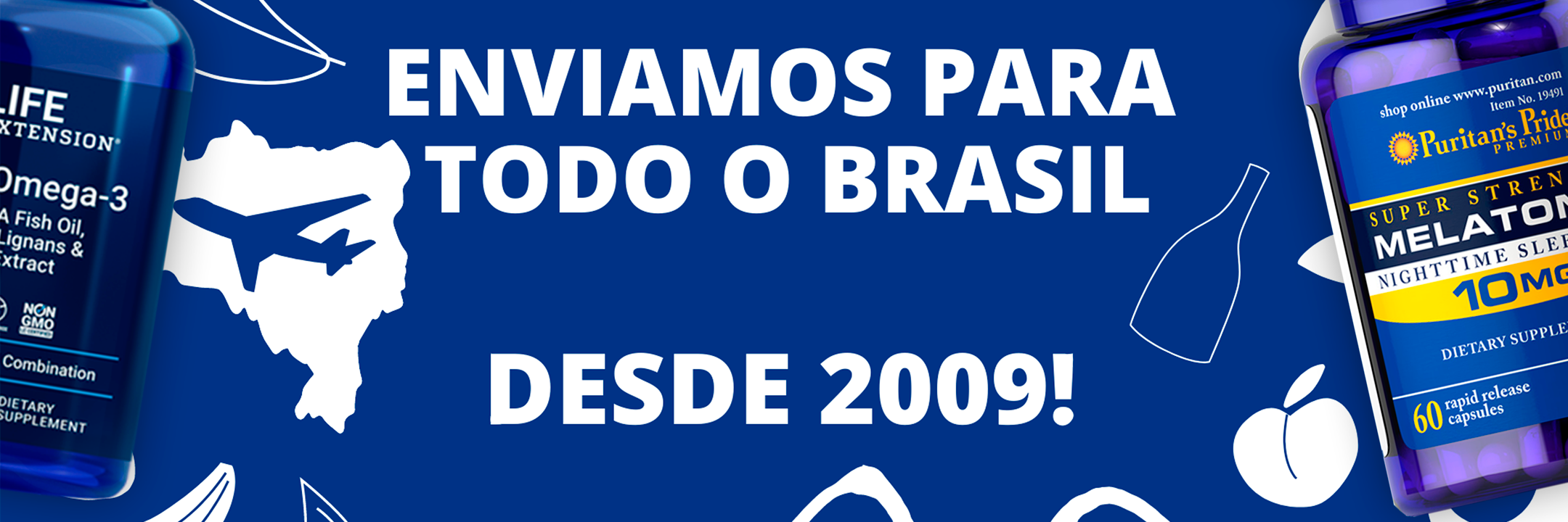 Frascos de suplementos importados dos EUA, avião e mapa do Brasil, envio para todo o país.