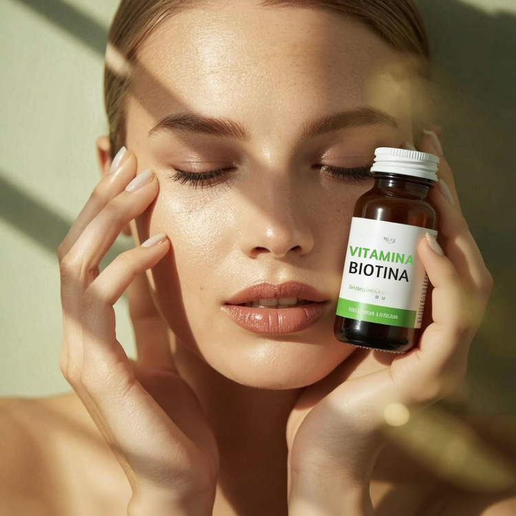 Mulher tomando vitamina Biotina, saúde para pele, unhas e cabelo saudáveis 