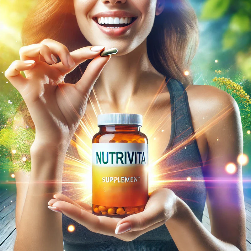 Mulher sorrindo segura cápsula e frasco de suplemento NutriVita ao ar livre, luz solar e natureza