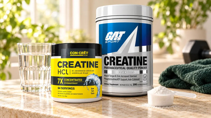 Creatina HCl CON-CRET de 64 porções e creatina monohidratada GAT de 1 kg, ao lado de um copo de água e uma medida de pó.
