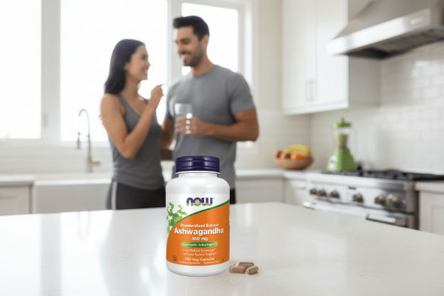 frasco da now ashwagandha em uma bancada-da-cozinha e um casal tomando as capsulas