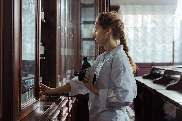 Mulher pegando suplementos em vitrine de loja, ambiente iluminado, produtos importados.