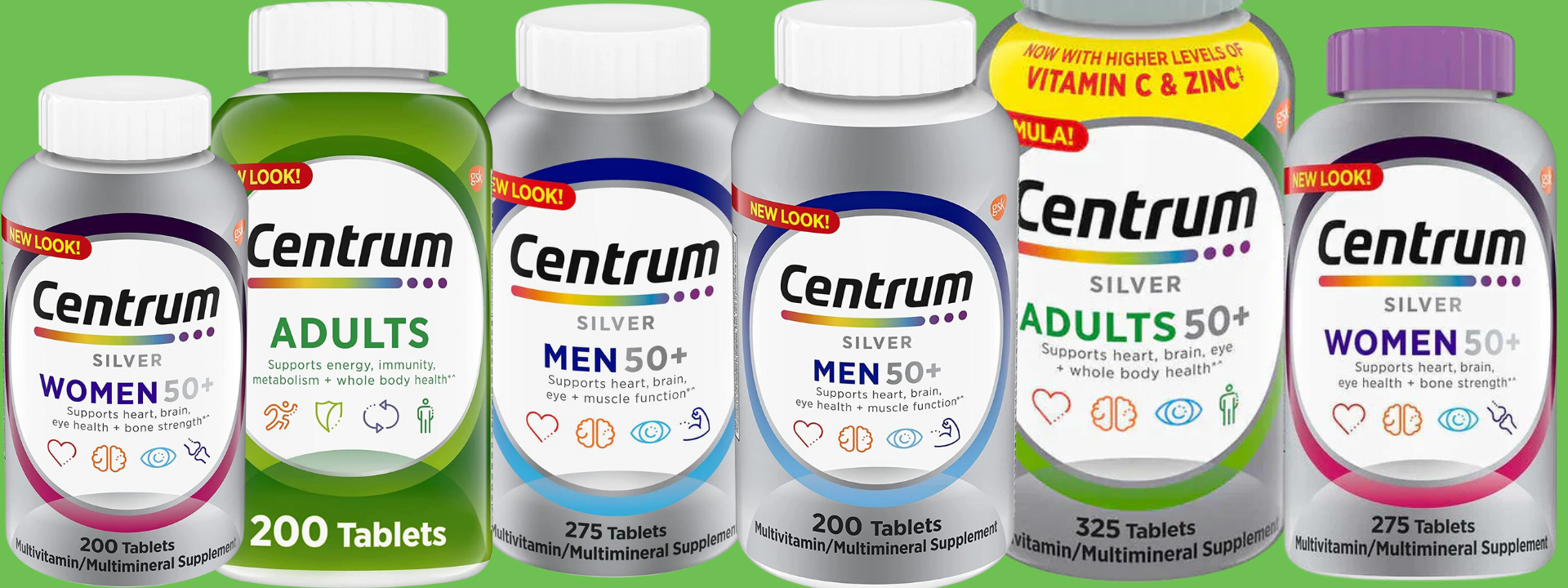 Frascos de suplementos Centrum, versões Adults, Women 50+, Men 50+, multivitamínicos sobre fundo verde.