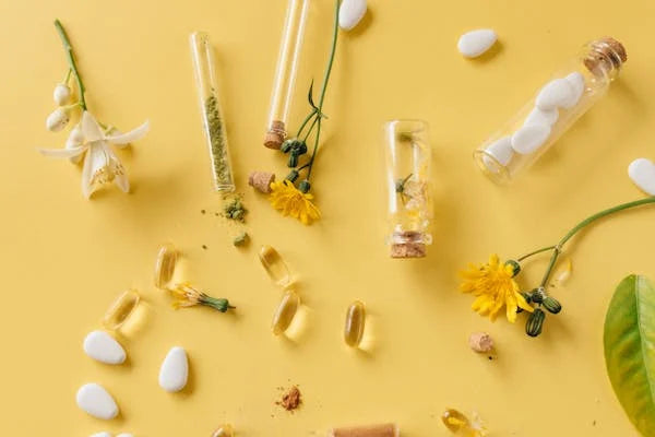 Cápsulas, comprimidos e flores amarelas sobre fundo amarelo, conceito de suplementos naturais para imunidade.
