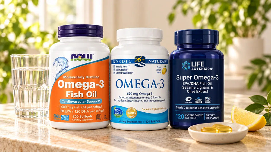 Ômega-3 NOW Foods, Nordic Naturals e Life Extension sobre bancada clara, com cápsulas de óleo de peixe, copo de água e limão.