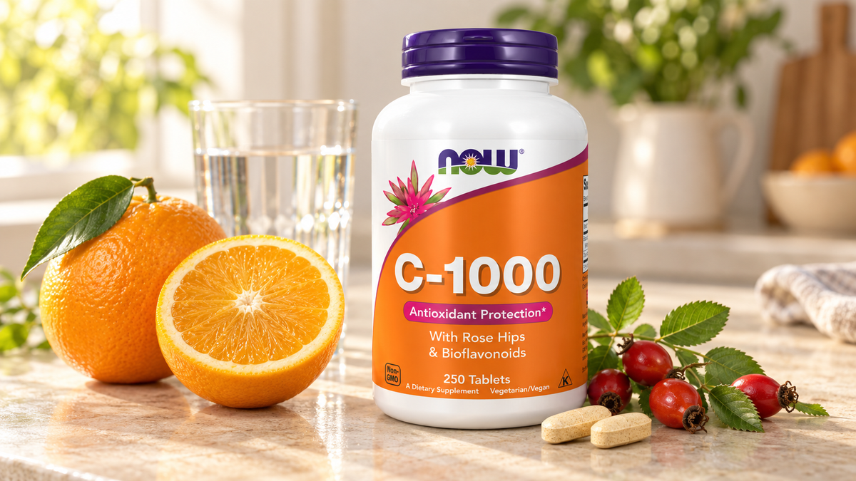 Vitamina C-1000 NOW Foods com rosa mosqueta e bioflavonoides, ao lado de laranjas e frutos de rosa mosqueta.