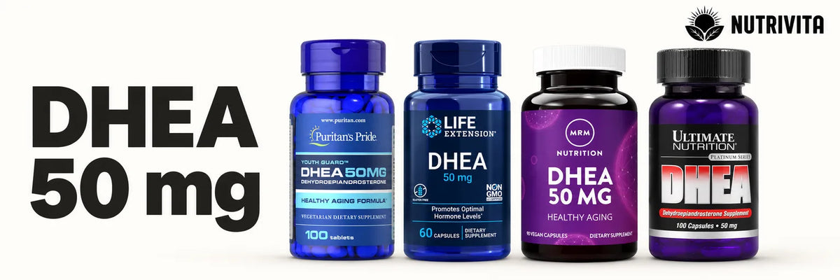 Frascos de DHEA 50 mg das marcas Puritan’s Pride, Life Extension, MRM Nutrition e Ultimate Nutrition.