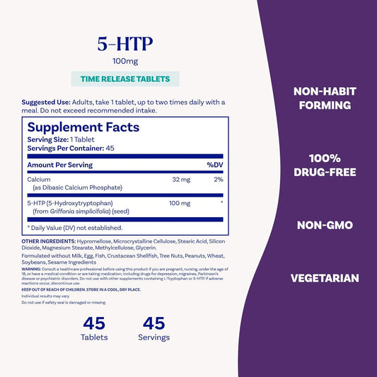 Tabela nutricional Natrol 5-HTP ingredientes e dosagem.