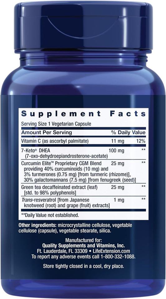 Frasco branco do suplemento Life Extension 7-Keto DHEA Metabolite 100 mg com 60 cápsulas vegetais, focado no controle de peso e aceleração do metabolismo.