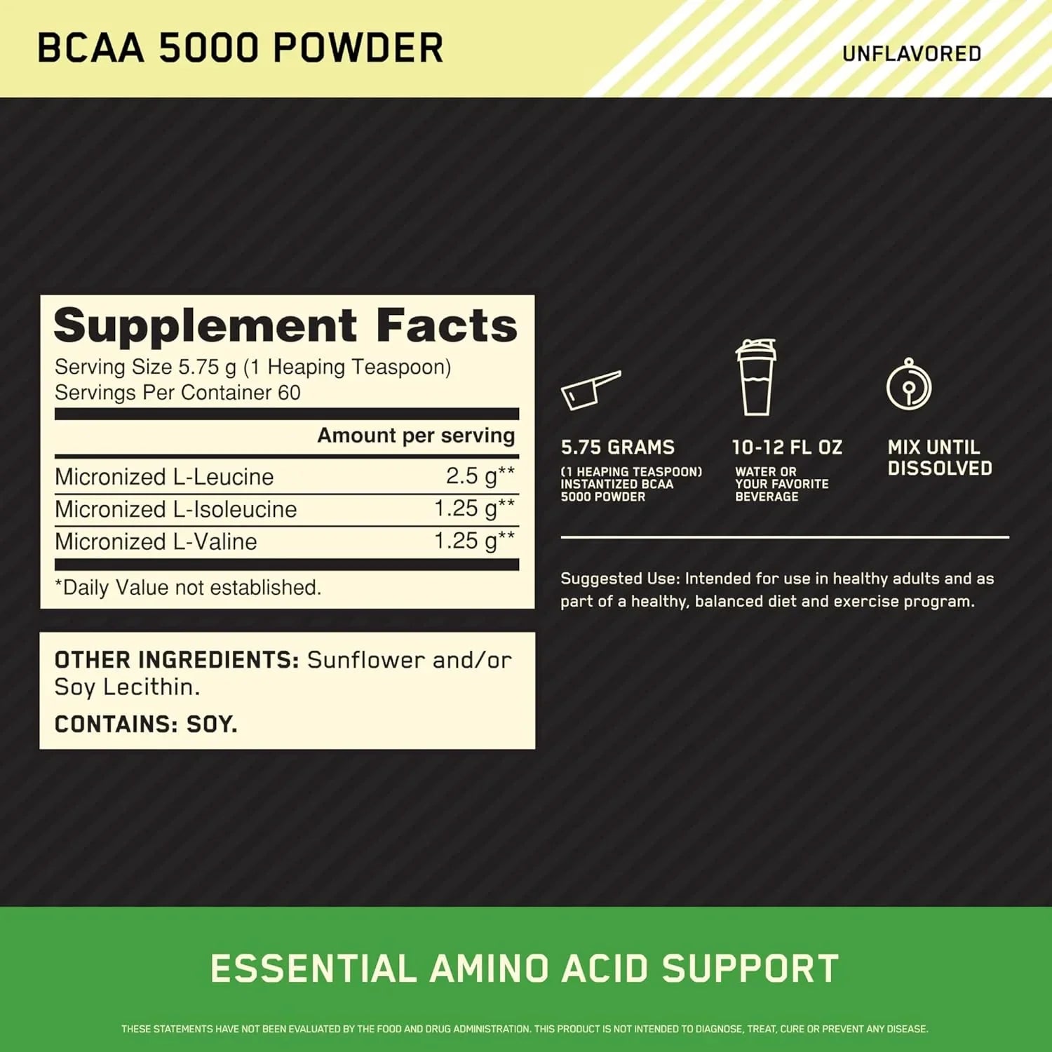 BCAA 5000 Powder sem sabor, suporte de aminoácidos essenciais, ideal para dieta e exercícios