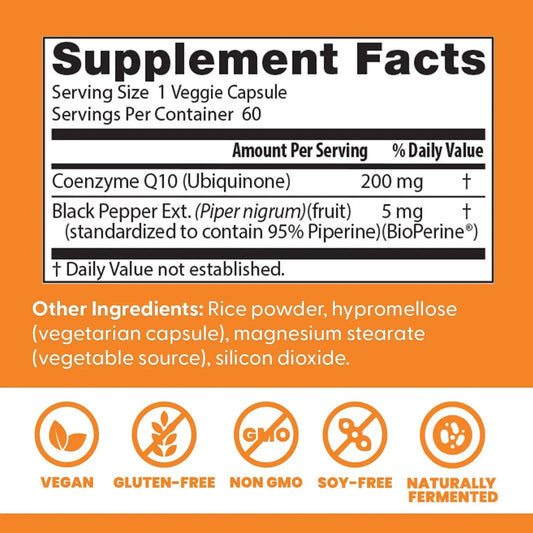 Tabela nutricional da Coenzima Q10 Doctor's Best destacando 200mg de ubiquinona e 5mg de BioPerine por porção.