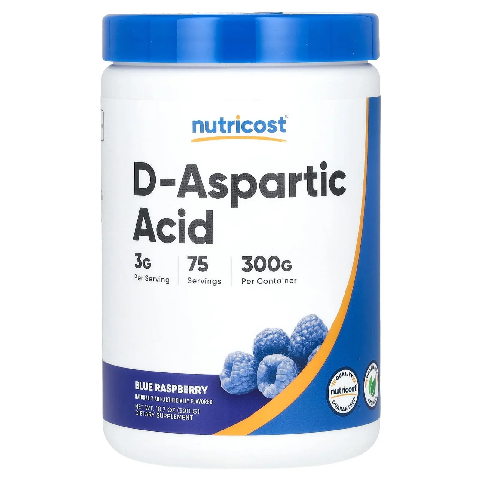 Frasco frontal do suplemento Nutricost Ácido D-Aspártico (DAA) em pó 300g, destacando a pureza do produto e o selo de 100 porções, sabor blue raspberry.