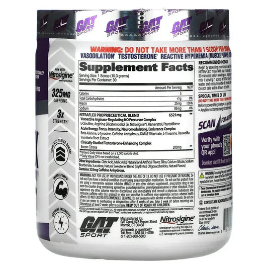 Tabela nutricional oficial do GAT Nitraflex Advanced, detalhando as concentrações exatas de Citrato de Boro e da matriz de energia.