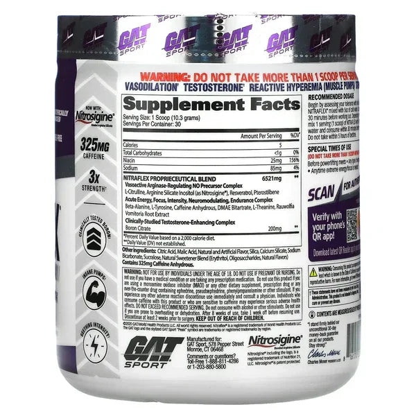 Tabela nutricional oficial do GAT Nitraflex Advanced, detalhando as concentrações exatas de Citrato de Boro e da matriz de energia.