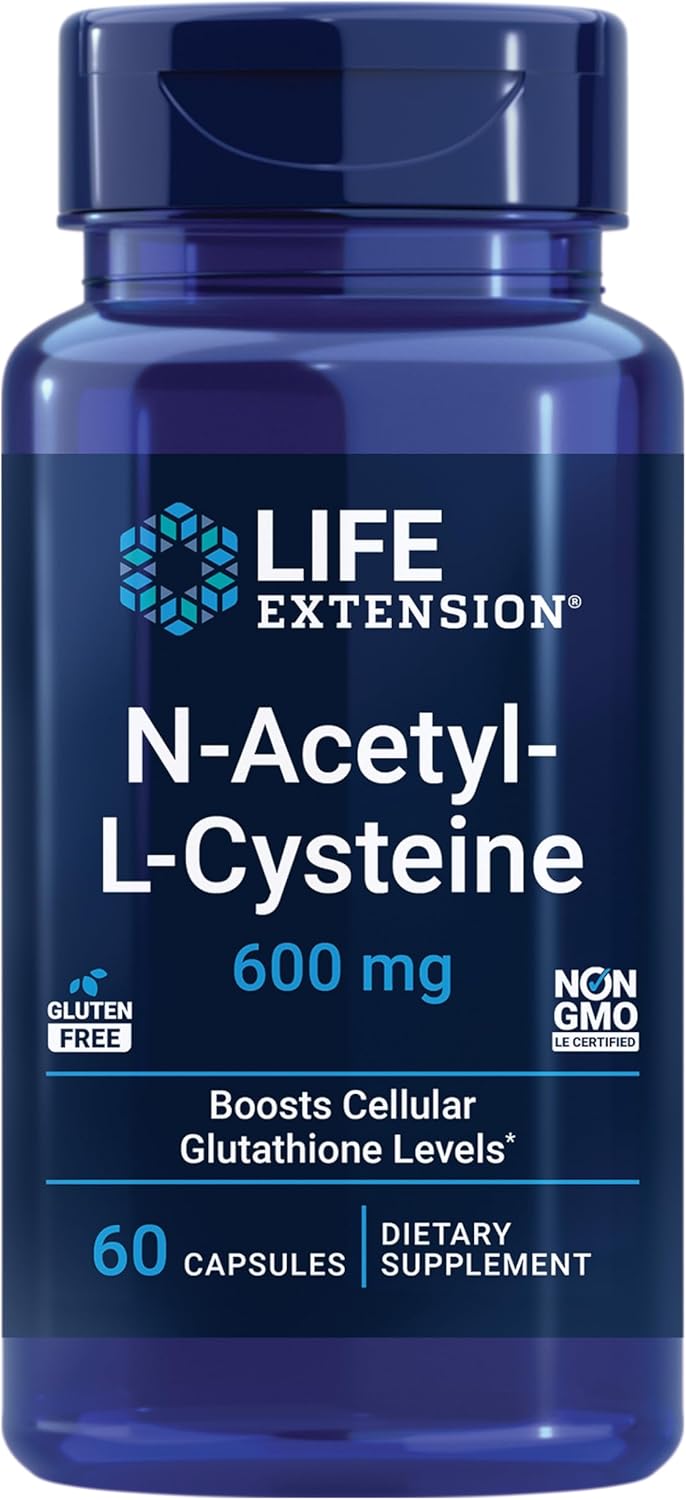 Frasco de NAC N-Acetyl-L-Cysteine 600mg Life Extension com 60 cápsulas original
