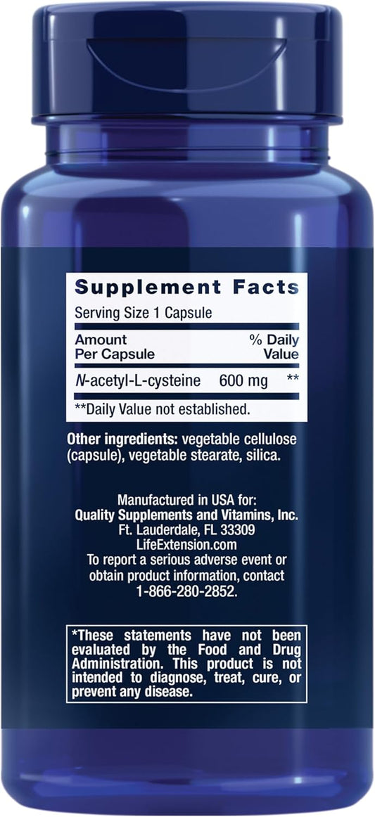 Frasco de NAC N-Acetyl-L-Cysteine 600mg Life Extension com 60 cápsulas original