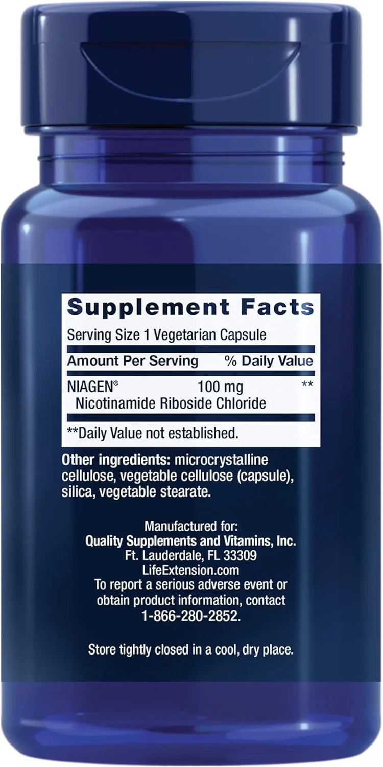 Frasco do suplemento Life Extension NAD+ Cell Regenerator 100 mg com 30 cápsulas vegetarianas, contendo Niagen, importado dos EUA e vendido pela Nutrivita Suplementos.