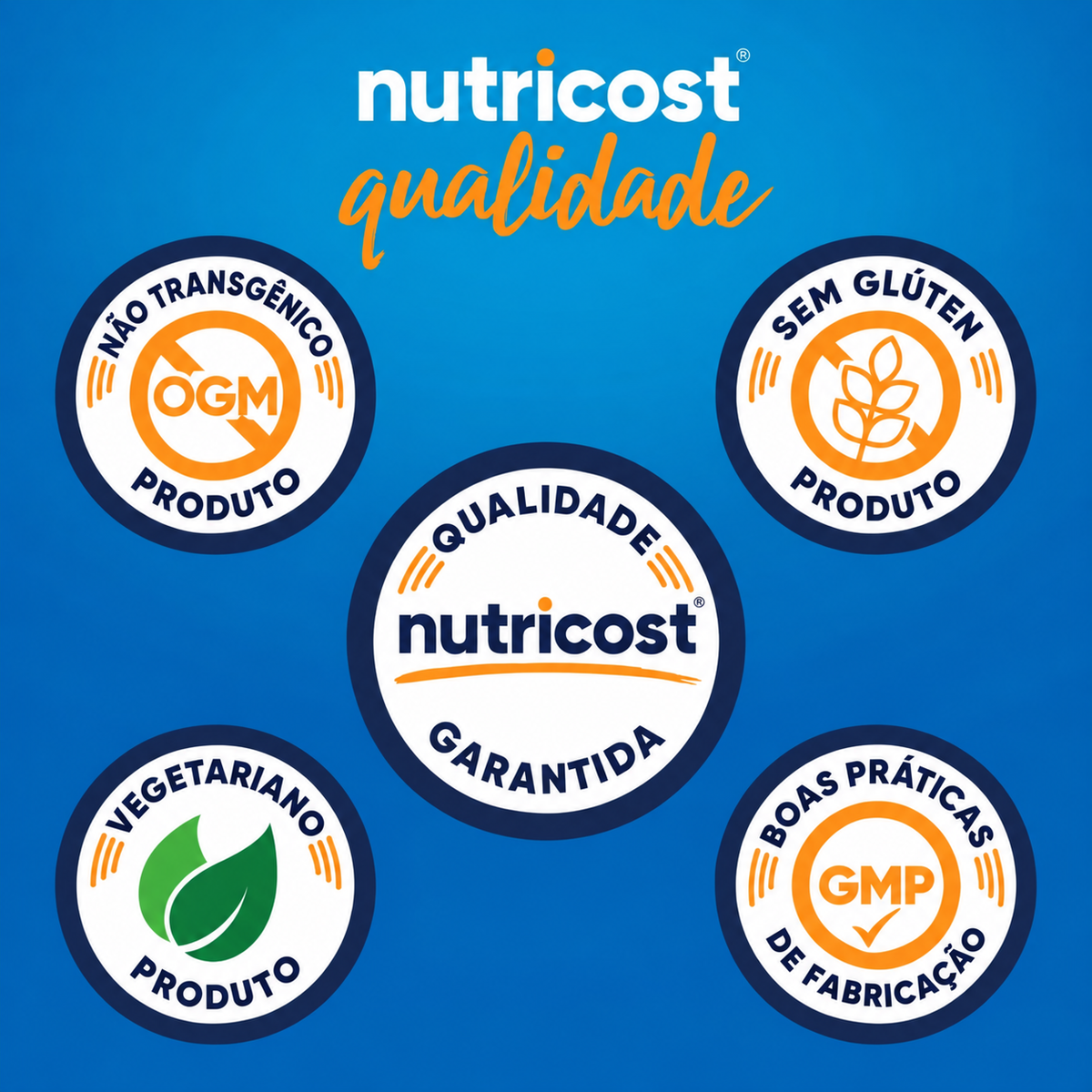 Selos de qualidade Nutricost: produto não transgênico, sem glúten, vegetariano, qualidade garantida e fabricação conforme boas práticas GMP.