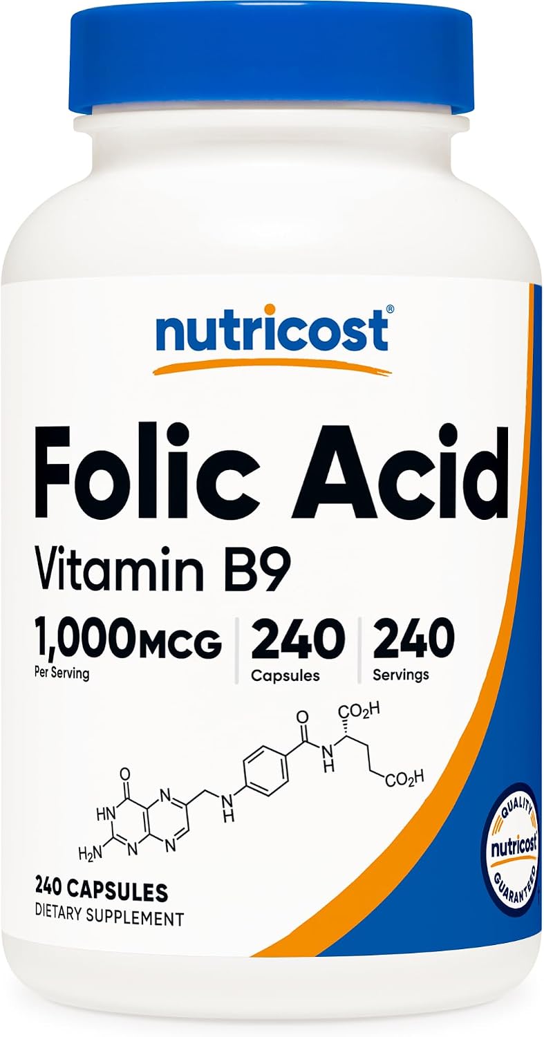 Nutricost Ácido Fólico Vitamina B9 1.000 mcg com 240 cápsulas.
