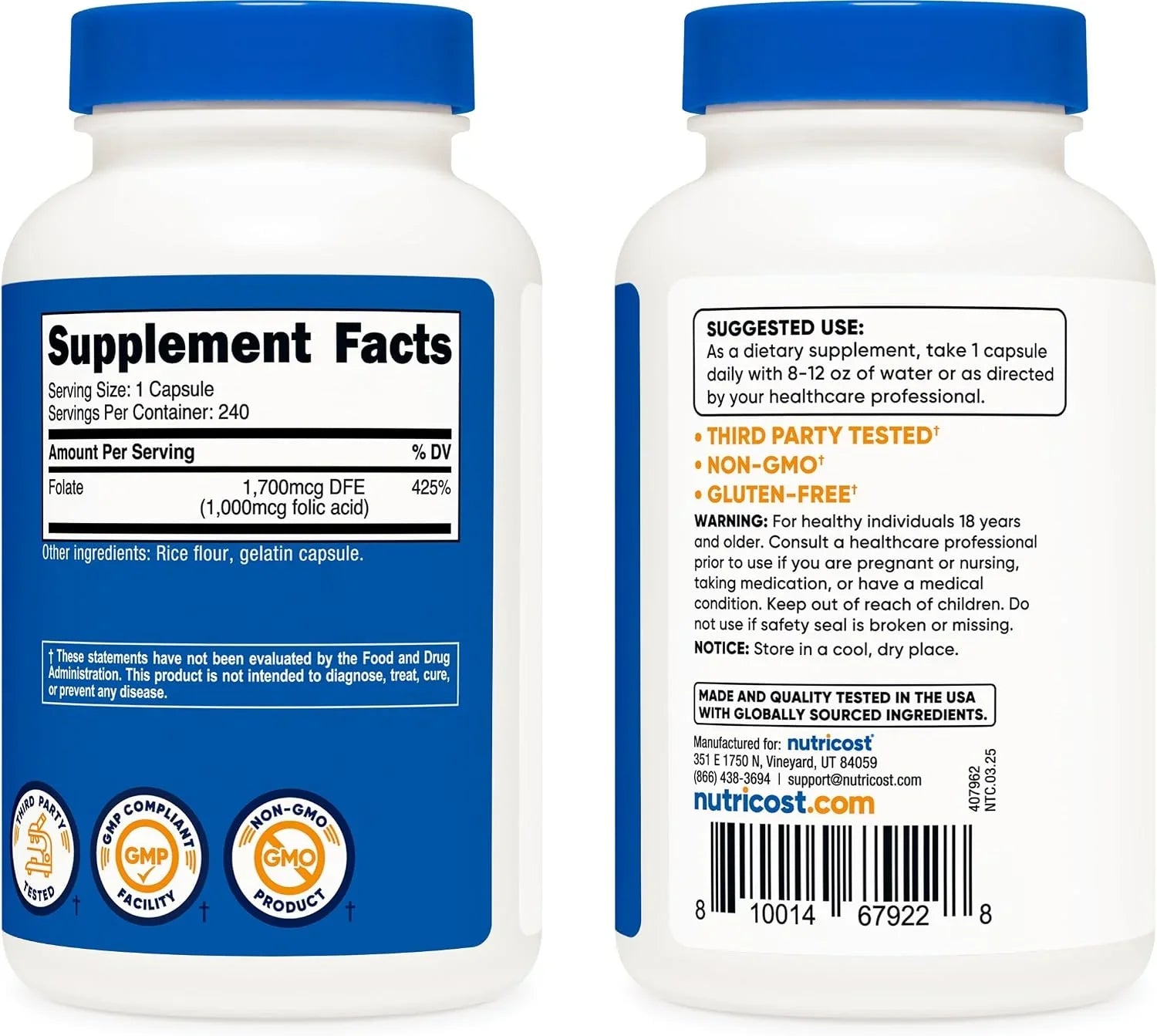 Frasco original Nutricost Ácido Fólico com 240 cápsulas.