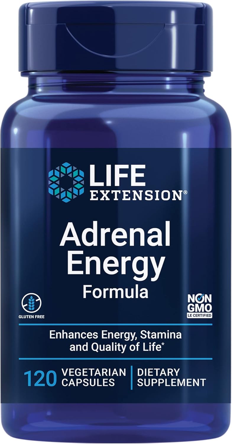 Frasco frontal Life Extension Fórmula para Energia Adrenal 120 cápsulas vegetarianas.