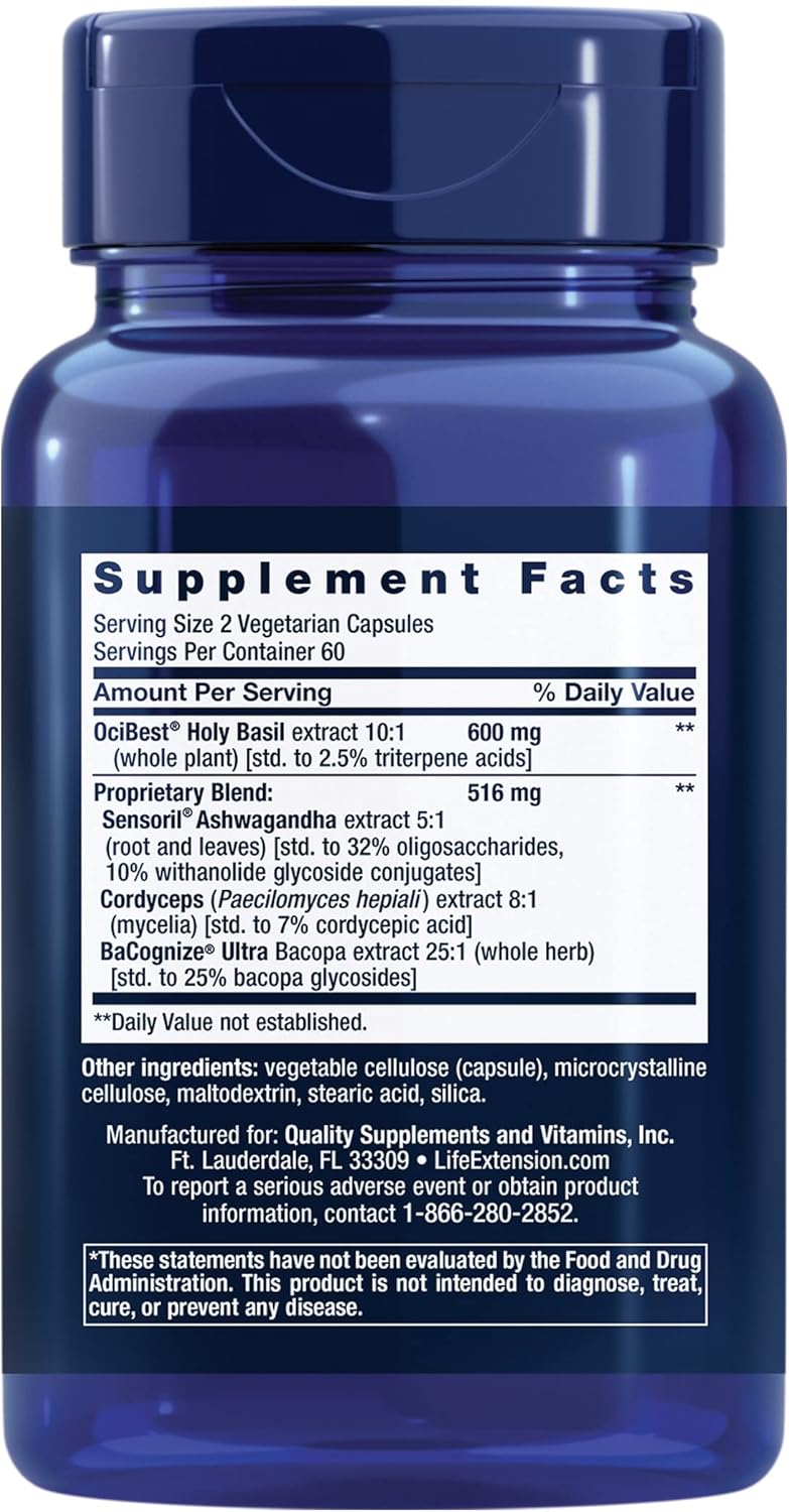 Tabela nutricional Life Extension Adrenal Energy Formula com Holy Basil e Ashwagandha.