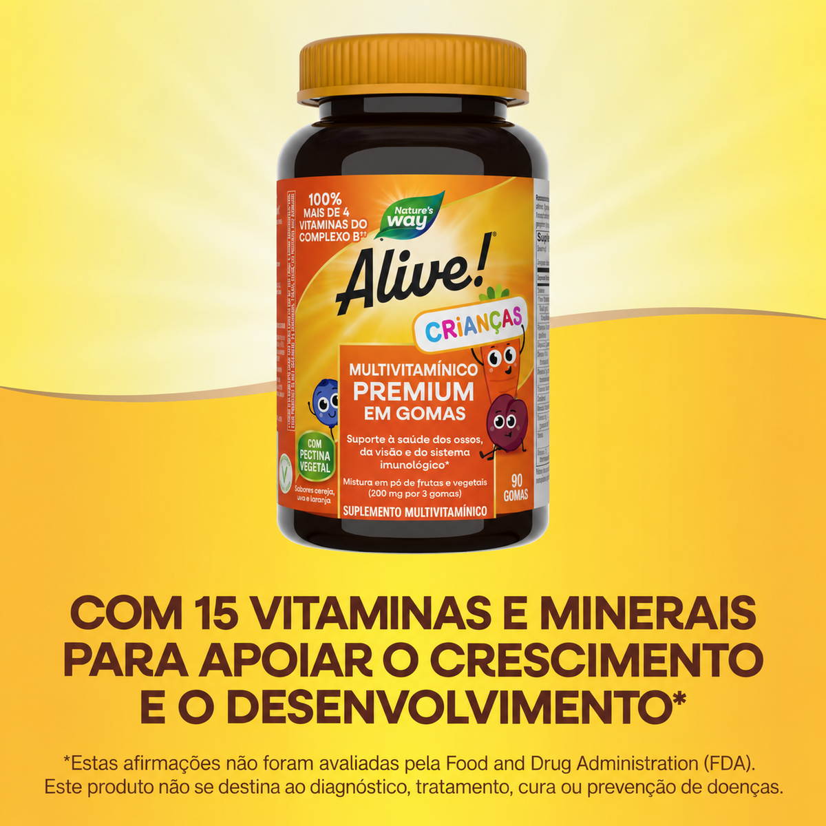 Nature’s Way Alive! Kids Premium com 90 gomas, em fundo amarelo, destacando 15 vitaminas e minerais para apoiar o crescimento e o desenvolvimento infantil.