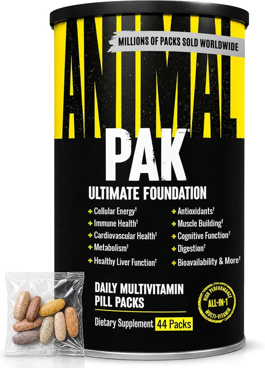 Suplemento multivitamínico Animal Pak em pote preto e amarelo com sachê de cápsulas.