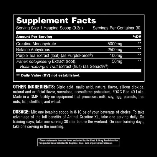 Tabela de informações nutricionais de suplemento pré-treino com creatina, betaina e extratos naturais.