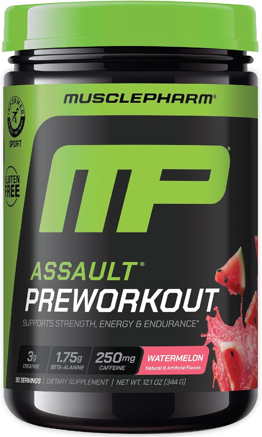Pote preto do pré-treino MusclePharm Assault sabor Melancia, com 30 doses, destacando a logo verde da marca e o selo de certificação Informed-Choice.