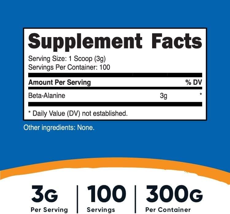 Nutricost Beta Alanina em Pó 300 gramas - 100 Doses Sem Sabor, 3 gramas por porção.