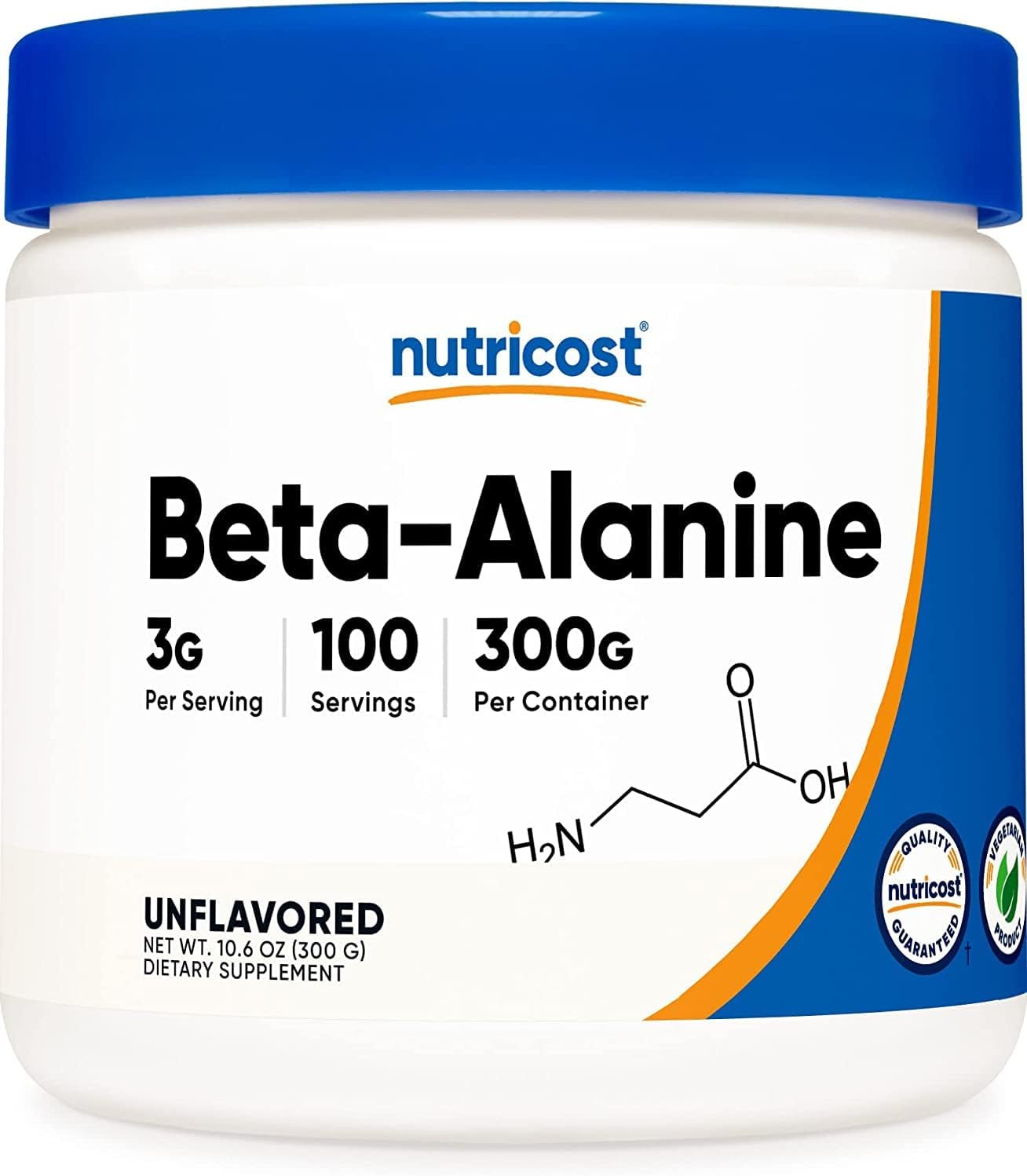Nutricost Beta Alanina em Pó 300 gramas - 100 Doses Sem Sabor, 3 gramas por porção.