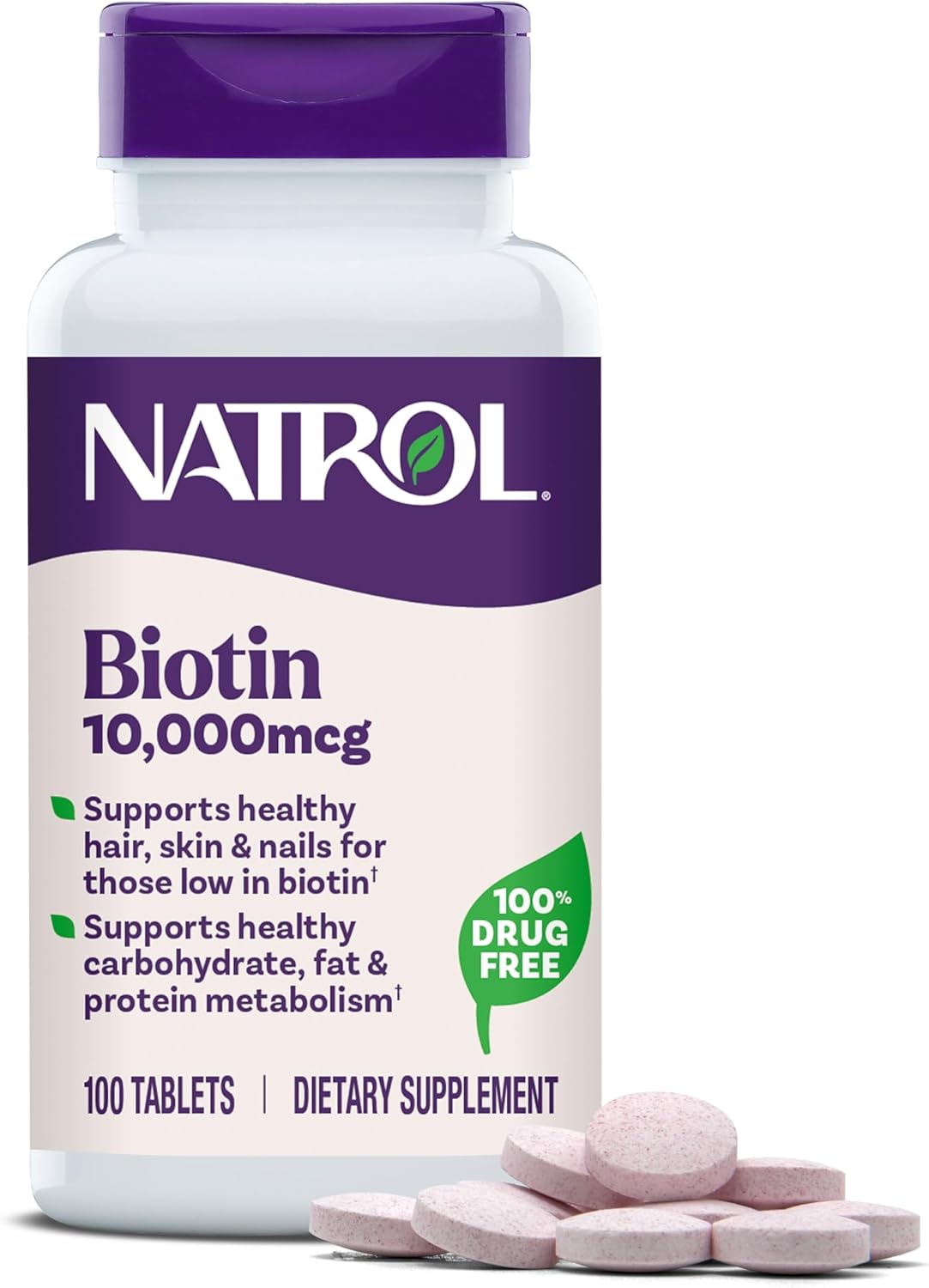 Frasco da Biotina 10.000 mcg da Natrol com 100 comprimidos de dissolução rápida para cabelo, pele e unhas.