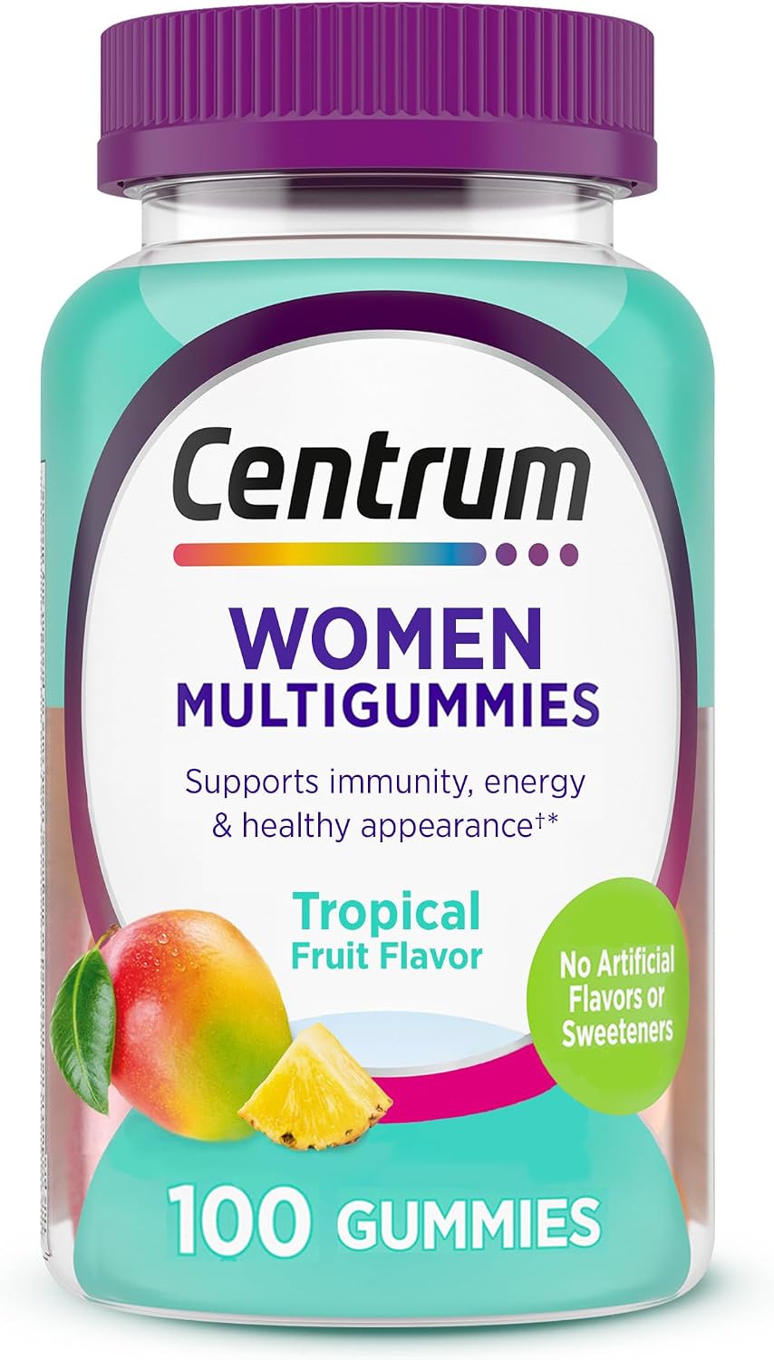 Frasco de Centrum MultiGummies para mulheres a partir de 18 anos, sabor frutas tropicais, com 100 gomas.