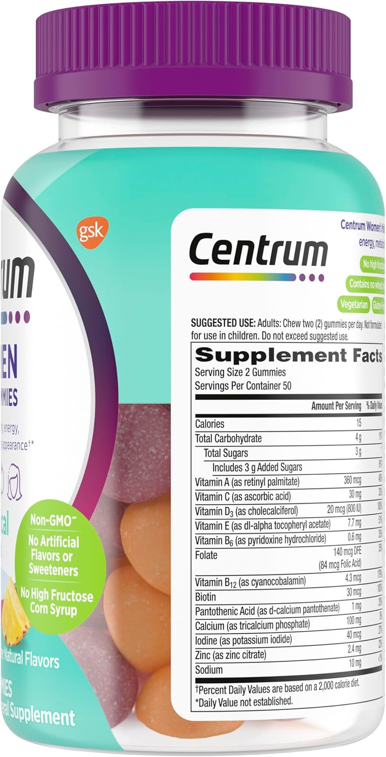 Vista lateral do Centrum MultiGummies Women, com gomas visíveis, modo de uso e informação nutricional.