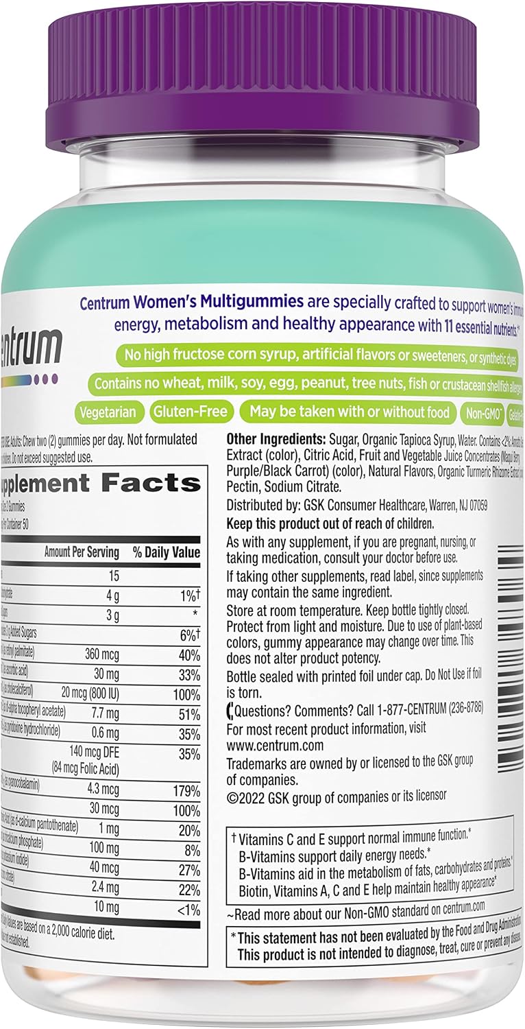 Verso do Centrum MultiGummies Women com ingredientes, advertências e indicações de produto vegetariano e sem glúten.