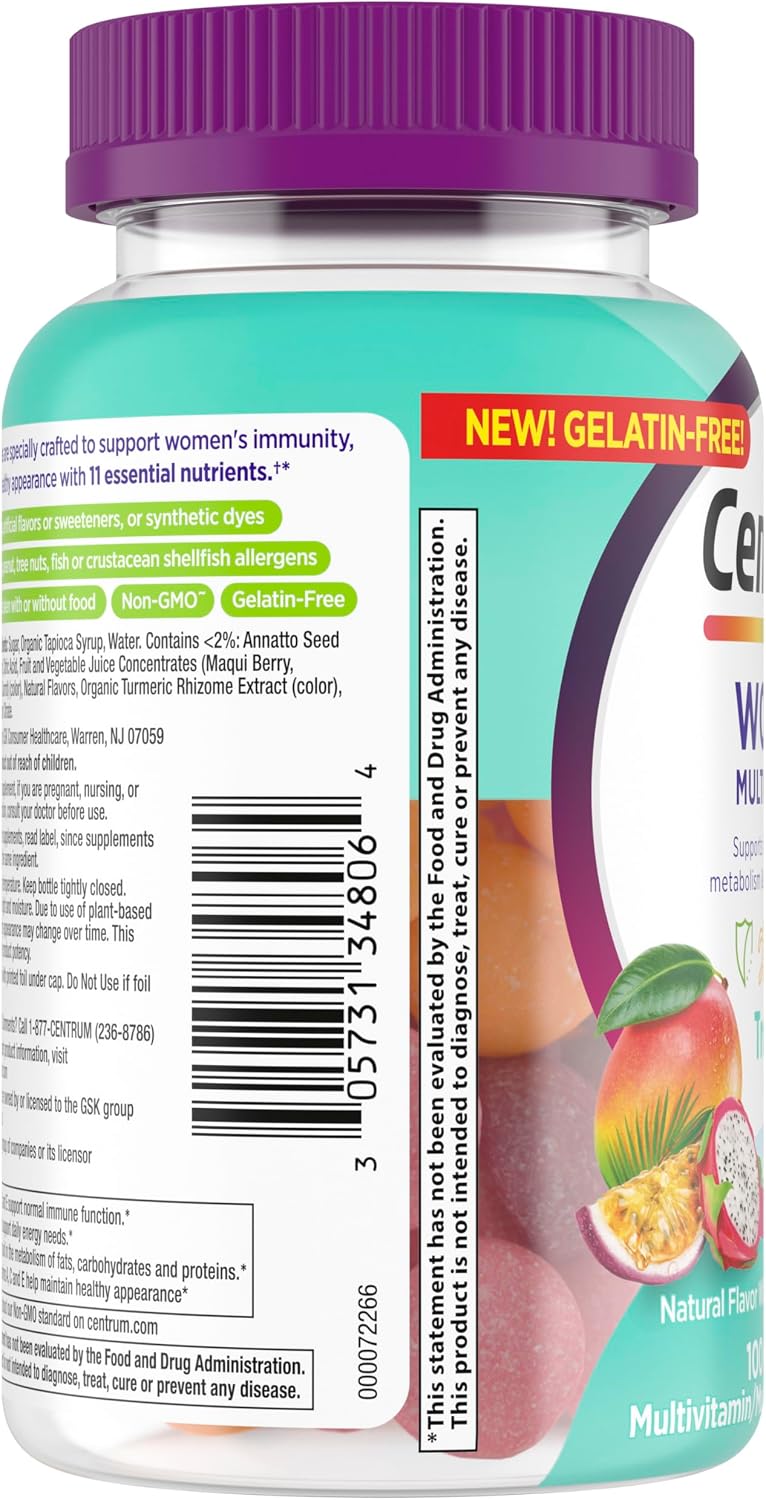 Lateral do Centrum MultiGummies Women com indicação sem gelatina, código de barras e detalhes da embalagem.