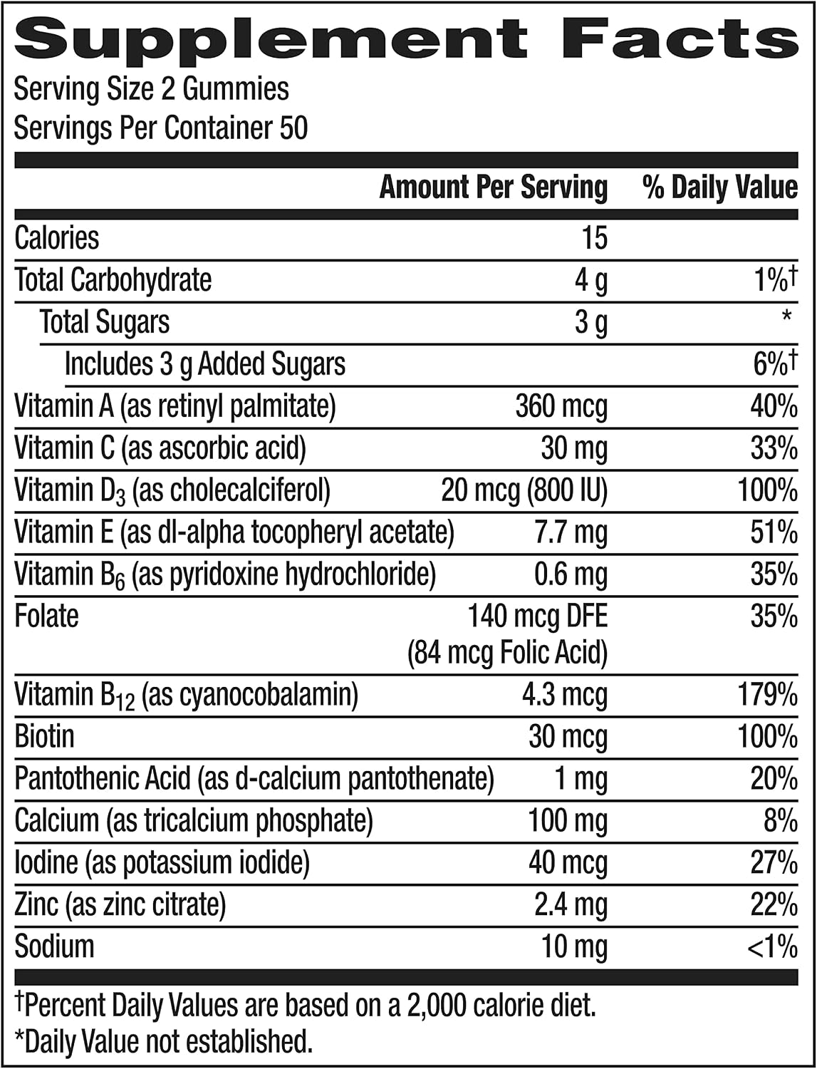 Tabela nutricional do Centrum MultiGummies Women por porção de 2 gomas, com 50 porções por frasco.