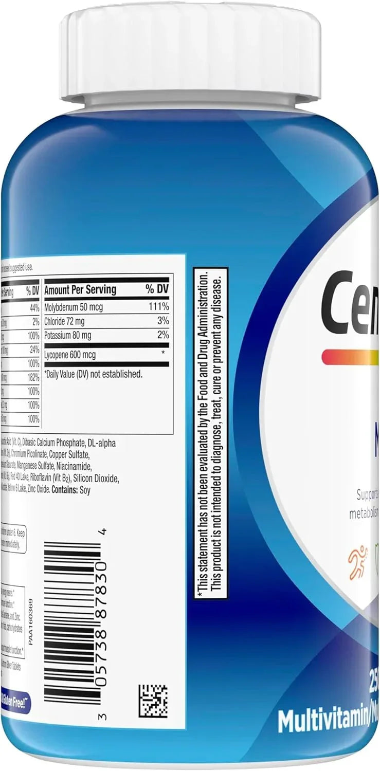 Frasco de multivitamínico Centrum com rótulo azul, informações nutricionais e código de barras visíveis