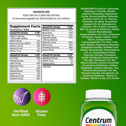 Tabela nutricional do Centrum Adultos com vitaminas, minerais e quantidades por comprimido.