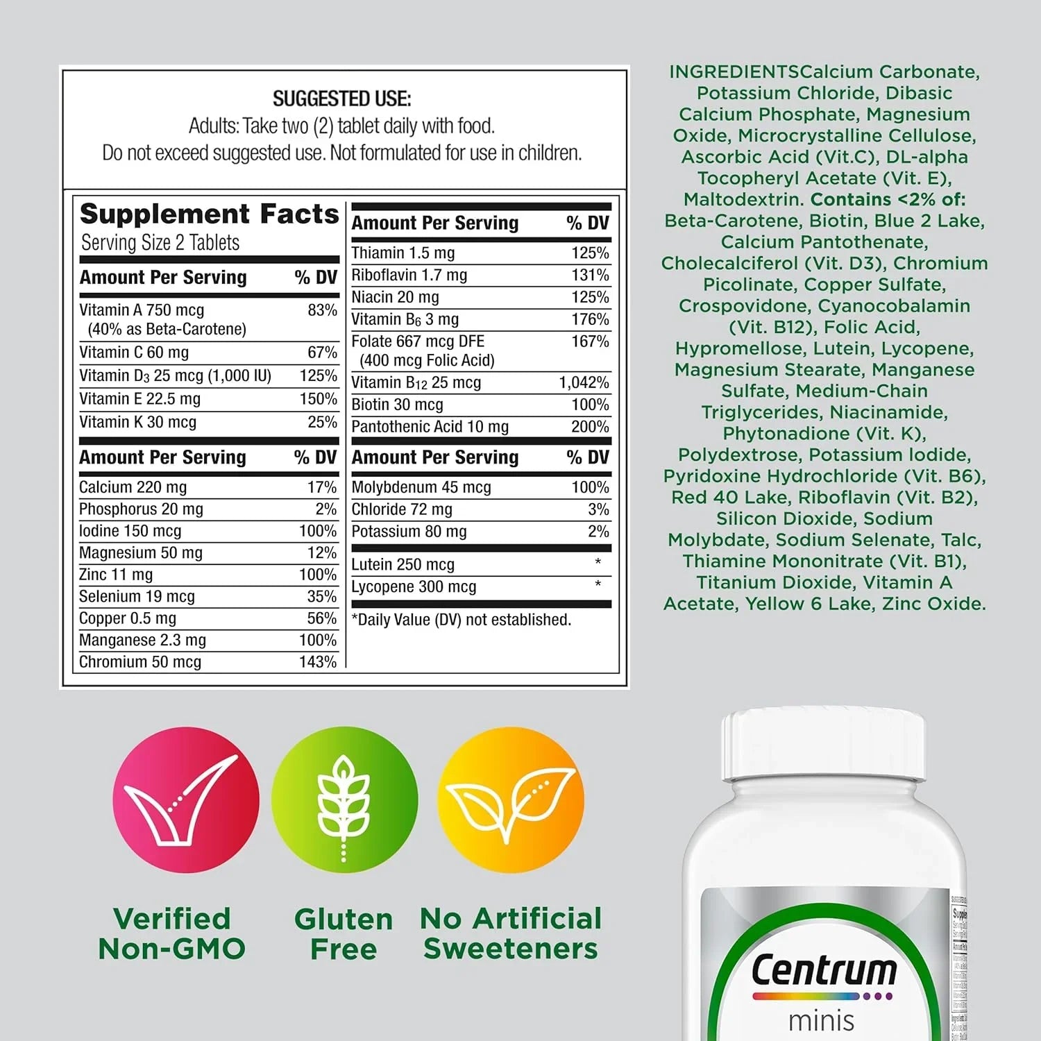 Informação nutricional do Centrum Minis Silver 50+ com vitamina D3 e complexo B.