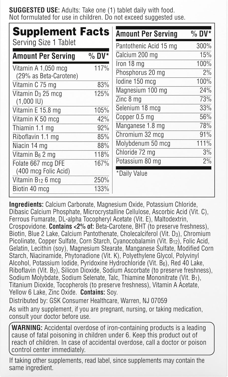 Rótulo do Centrum Women com tabela nutricional por comprimido, ingredientes, modo de uso e advertências.