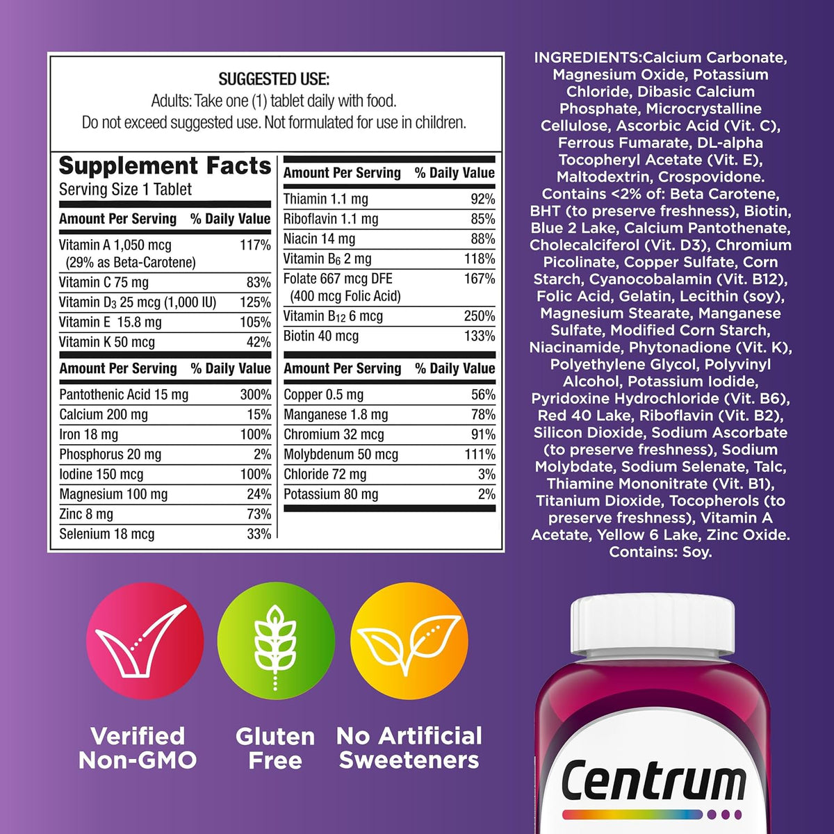 Informação nutricional do Centrum Women, ingredientes e indicações de produto sem glúten e não transgênico.