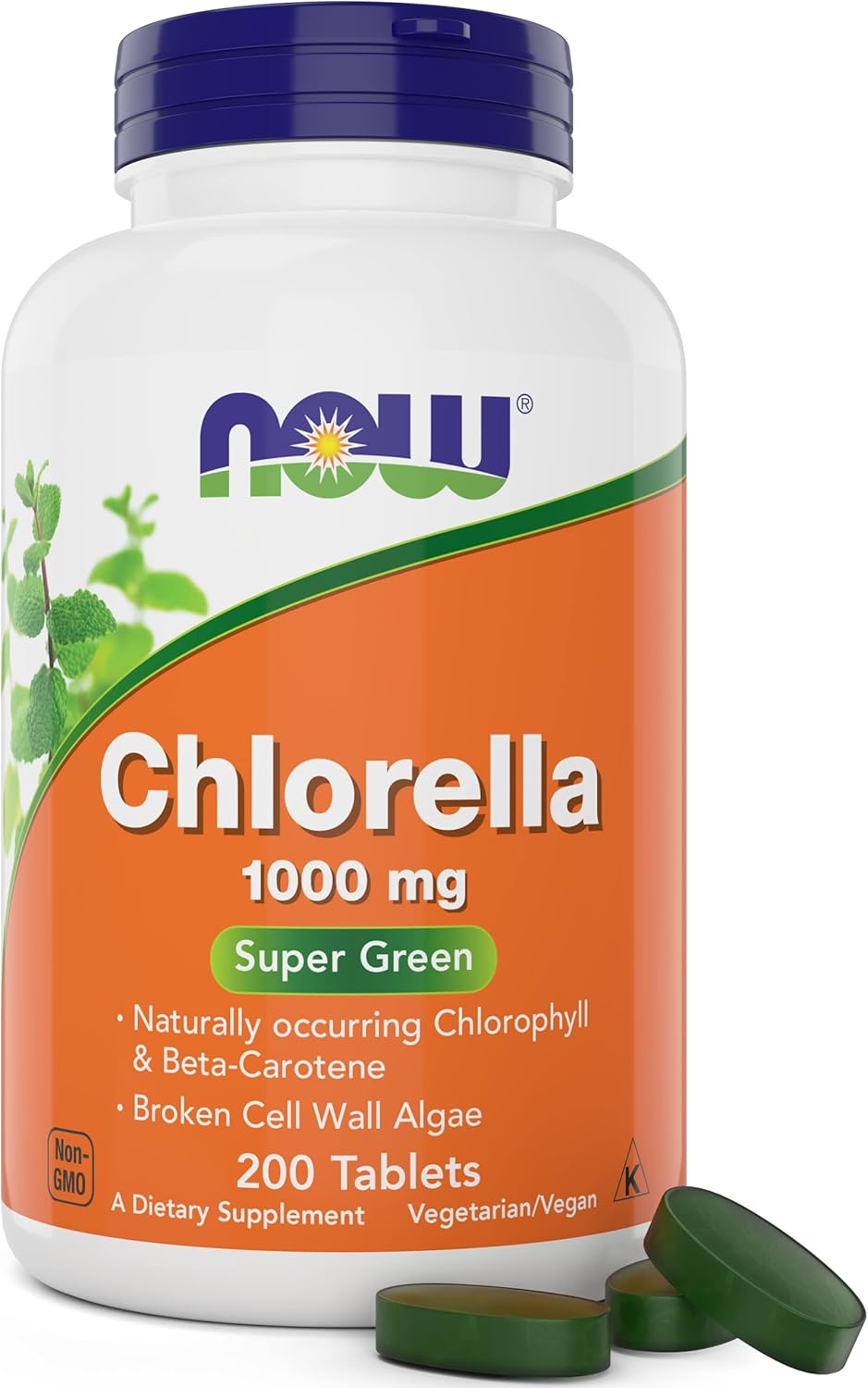 Frasco de Chlorella Orgânica NOW Foods 1000mg com 200 comprimidos.