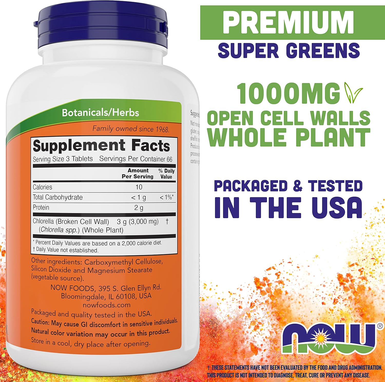 Informação nutricional da Chlorella NOW Foods rica em clorofila, B12 e ferro.