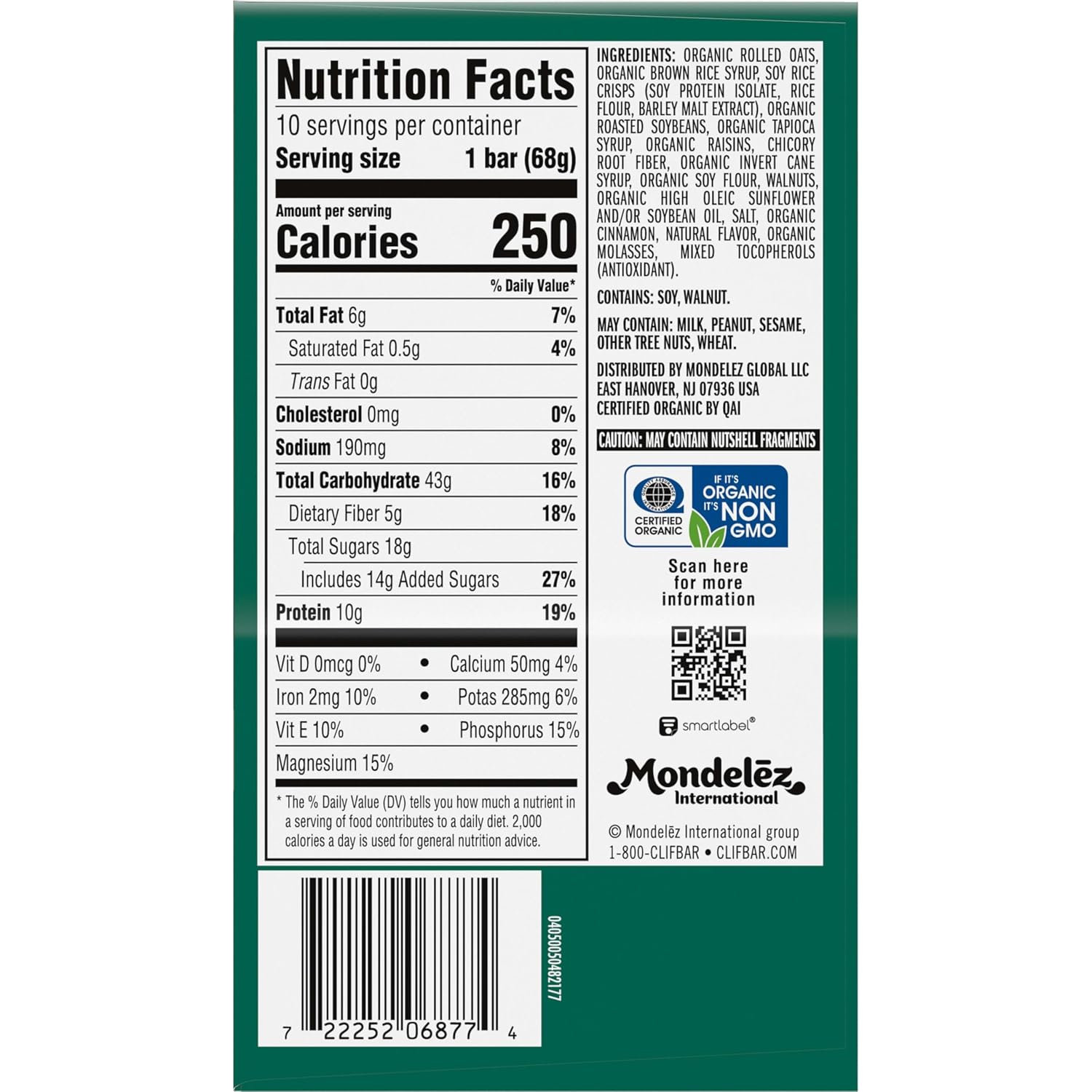 Informação nutricional da CLIF BAR Oatmeal Raisin Walnut.