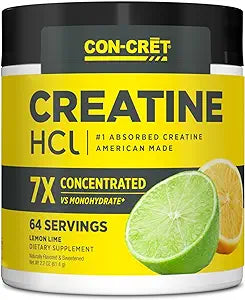 Pote do suplemento Promera Con-Cret Creatina HCI em Pó, 64 doses, com rótulo amarelo e preto em destaque.