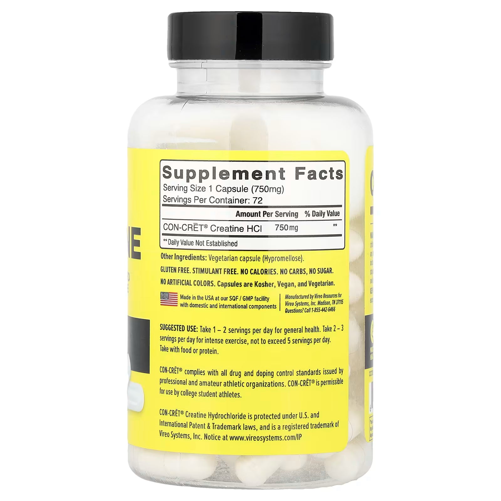 Frasco amarelo de Con-Cret Creatine HCL 72 cápsulas