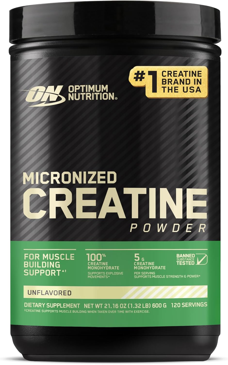 Pote preto de Creatina Micronizada Optimum Nutrition 600g original.